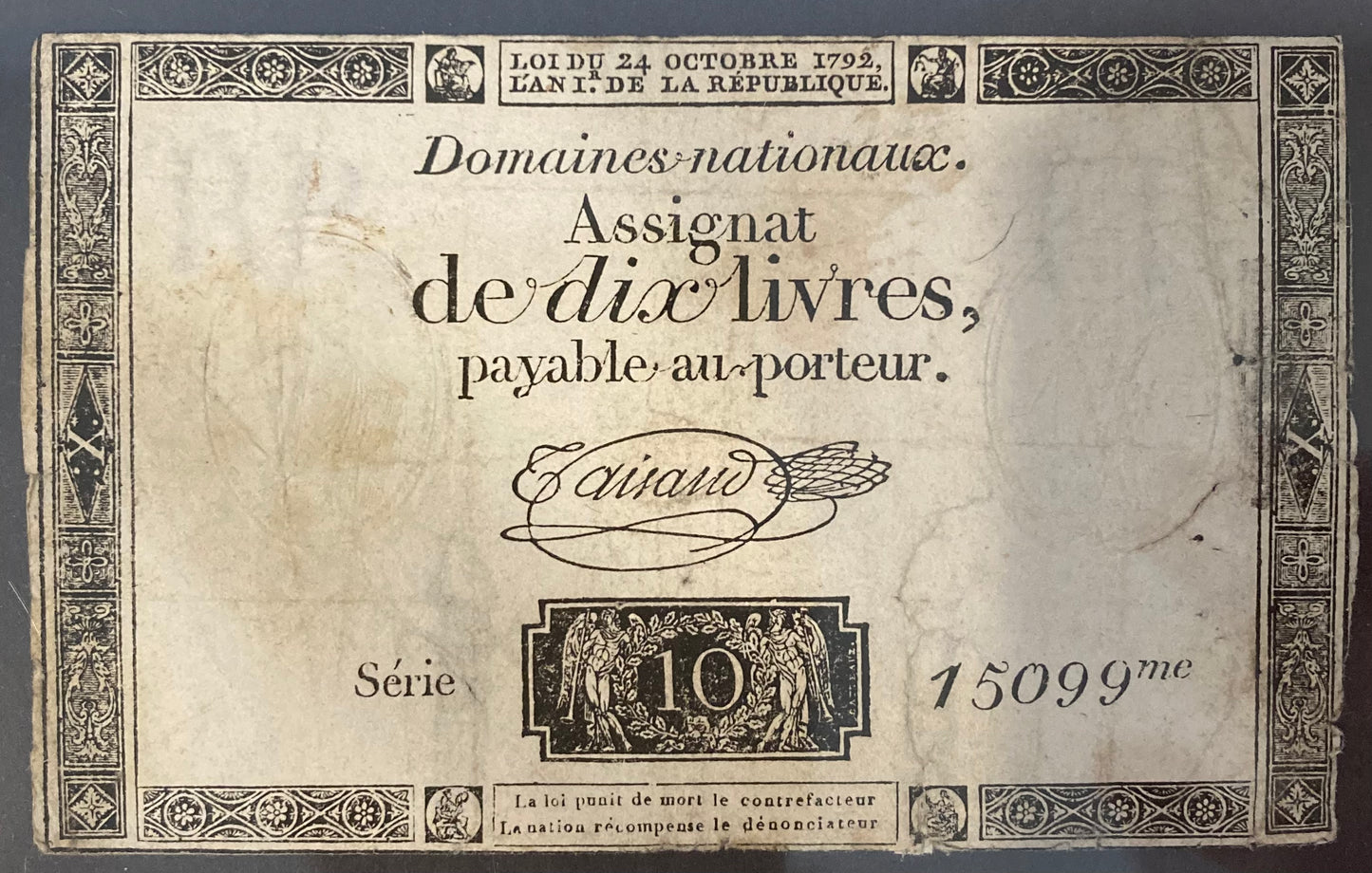 18th/19th Century French Assignat - 10 livres