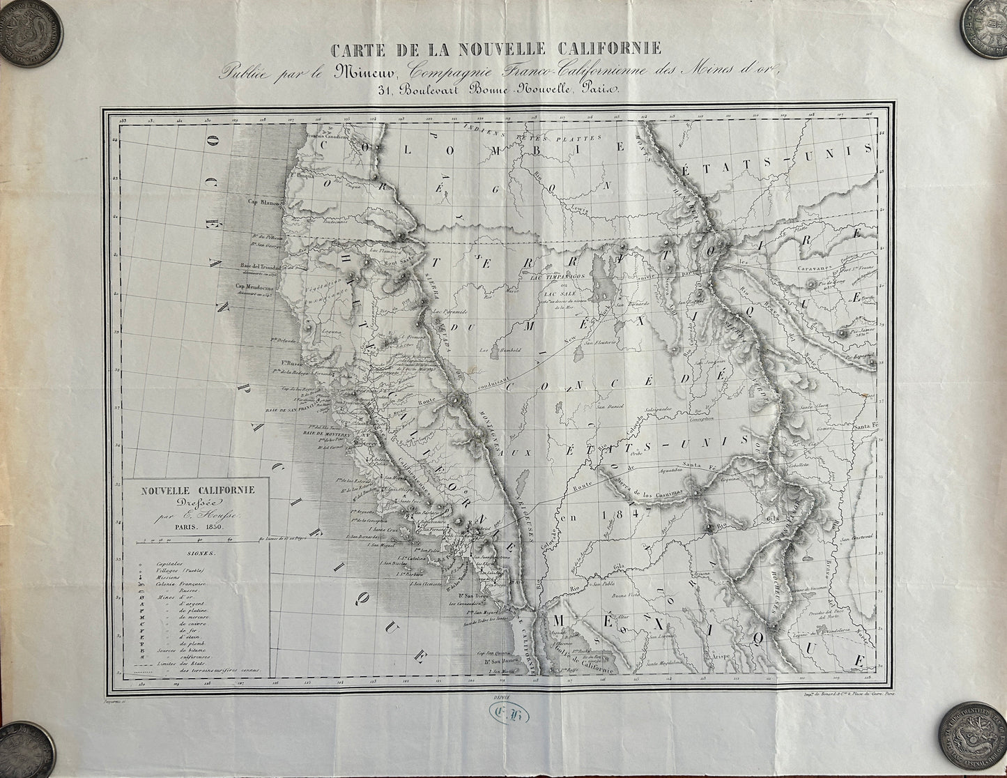 Very Rare 1850 California Gold Rush French Map Le Mineur