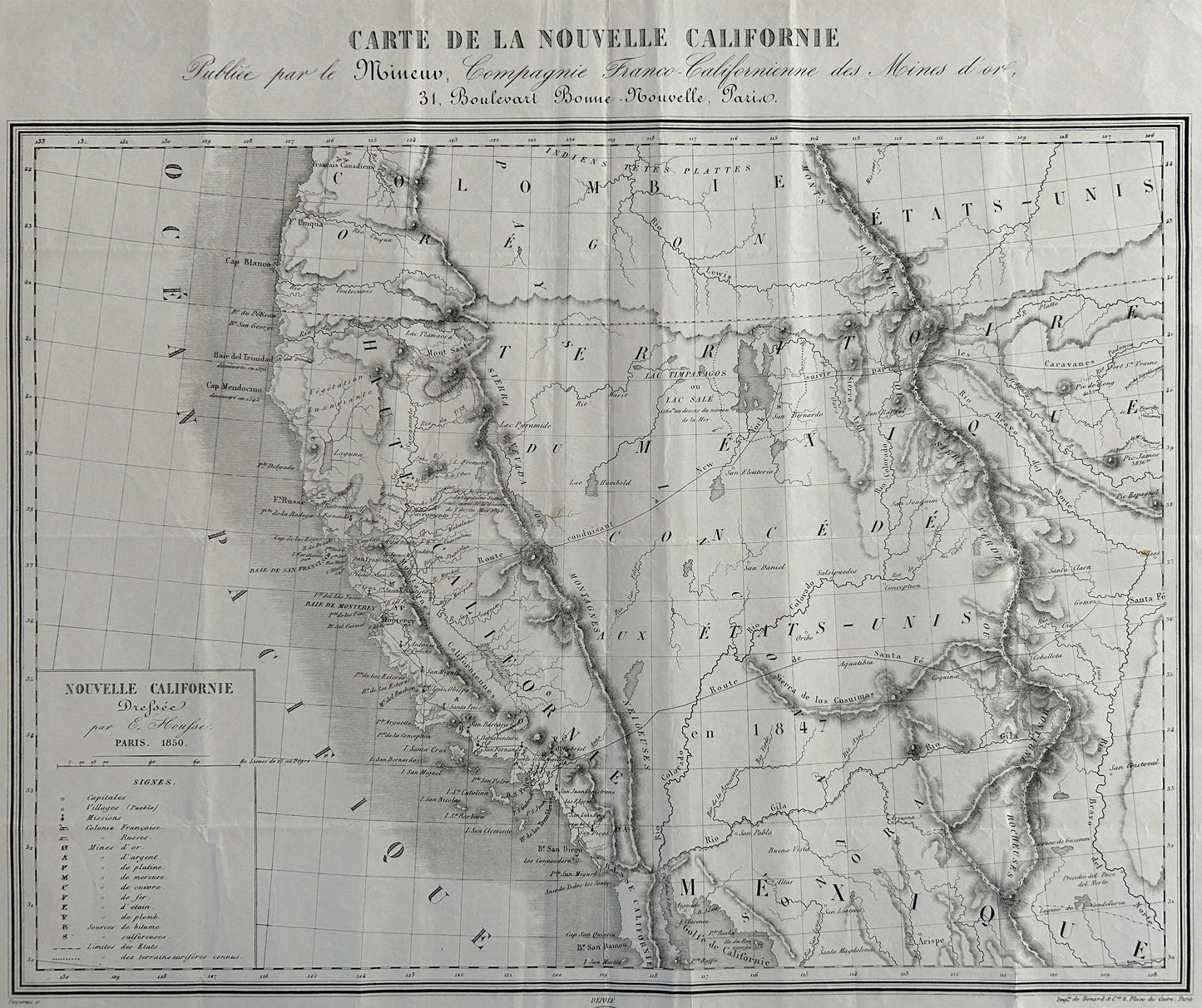 Very Rare 1850 California Gold Rush French Map Le Mineur