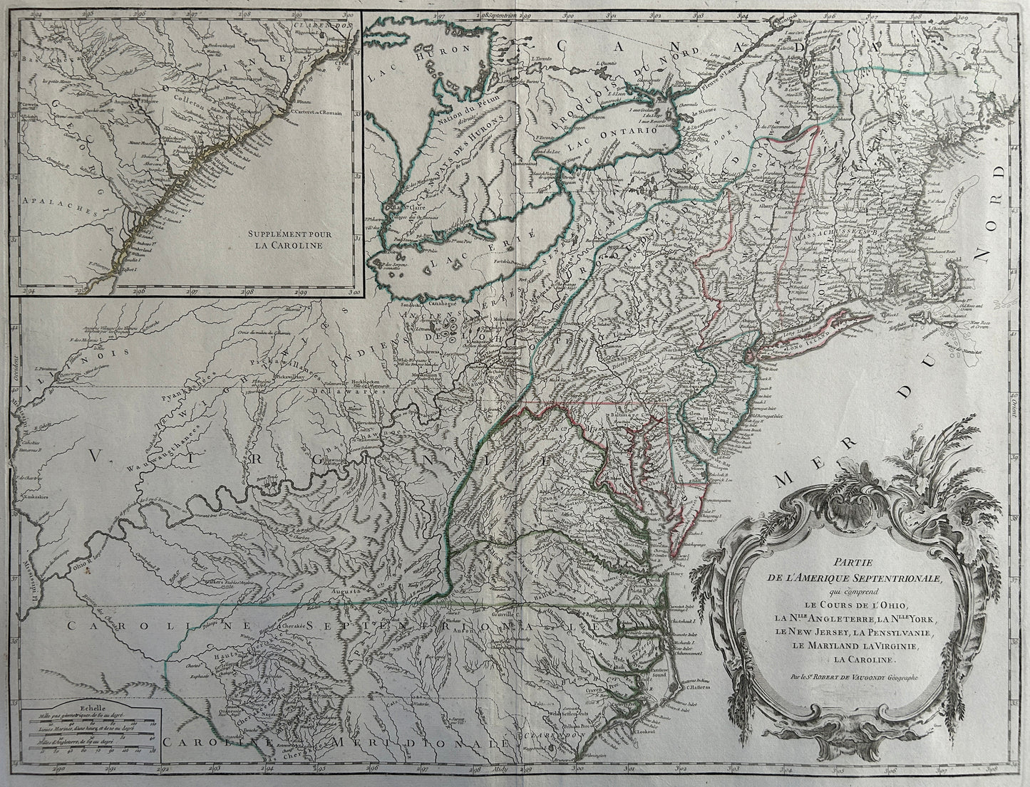 Partie De L'Amerique Septentrionale qui comprend le cours de l'Ohio, la Nlle Angleterre, La Nlle York, le New Jersey, La Pensyvanie, Le Maryland la Virgine, la Caroline