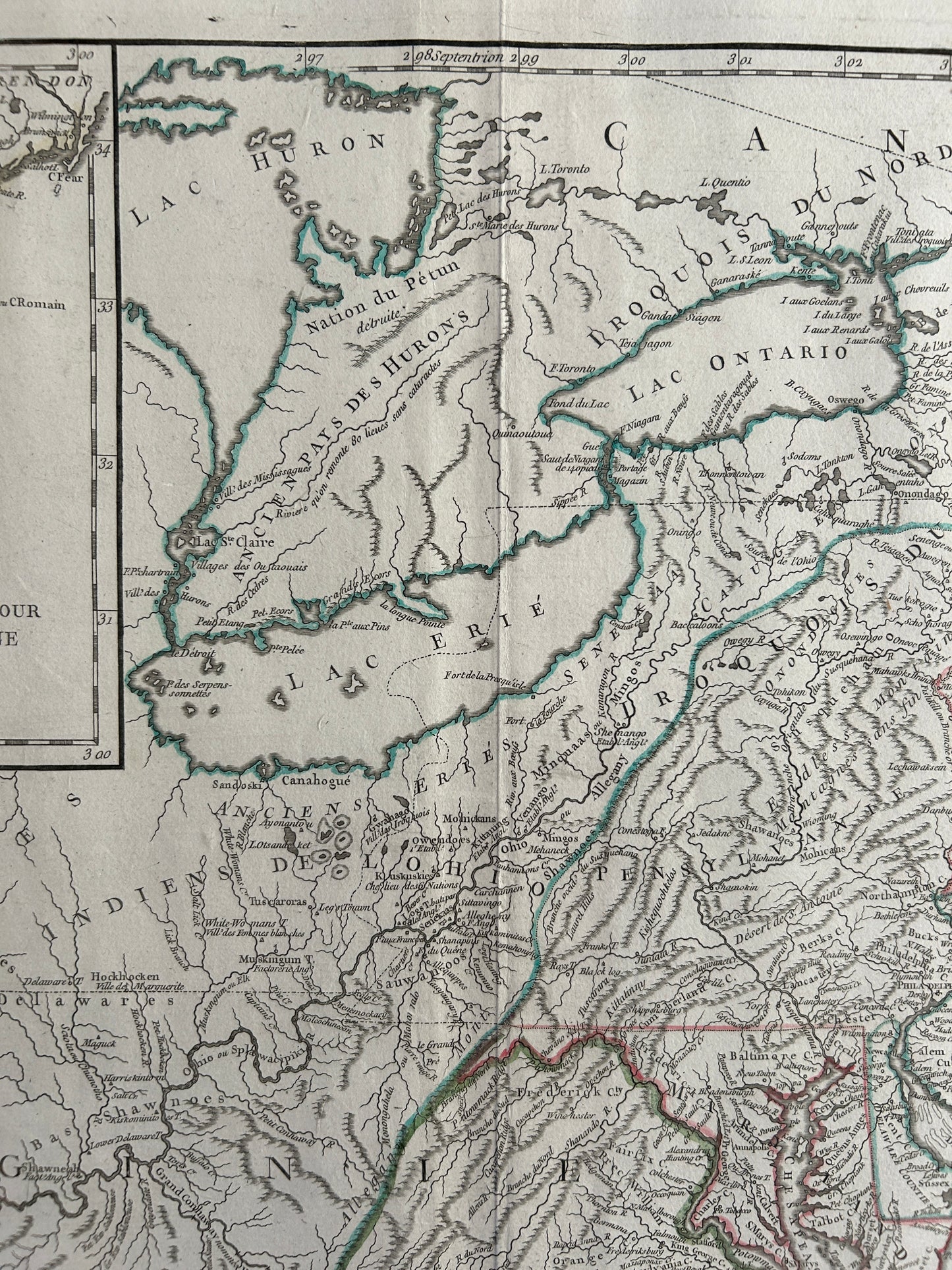 Partie De L'Amerique Septentrionale qui comprend le cours de l'Ohio, la Nlle Angleterre, La Nlle York, le New Jersey, La Pensyvanie, Le Maryland la Virgine, la Caroline