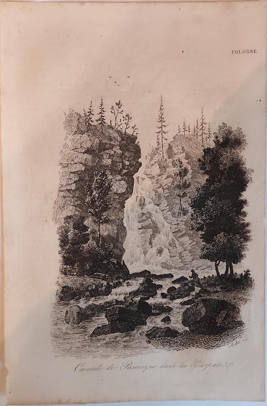 19th century Polish engraving, Leonard Chodźko Cascade de Pasieczno dans les Karpate (1)