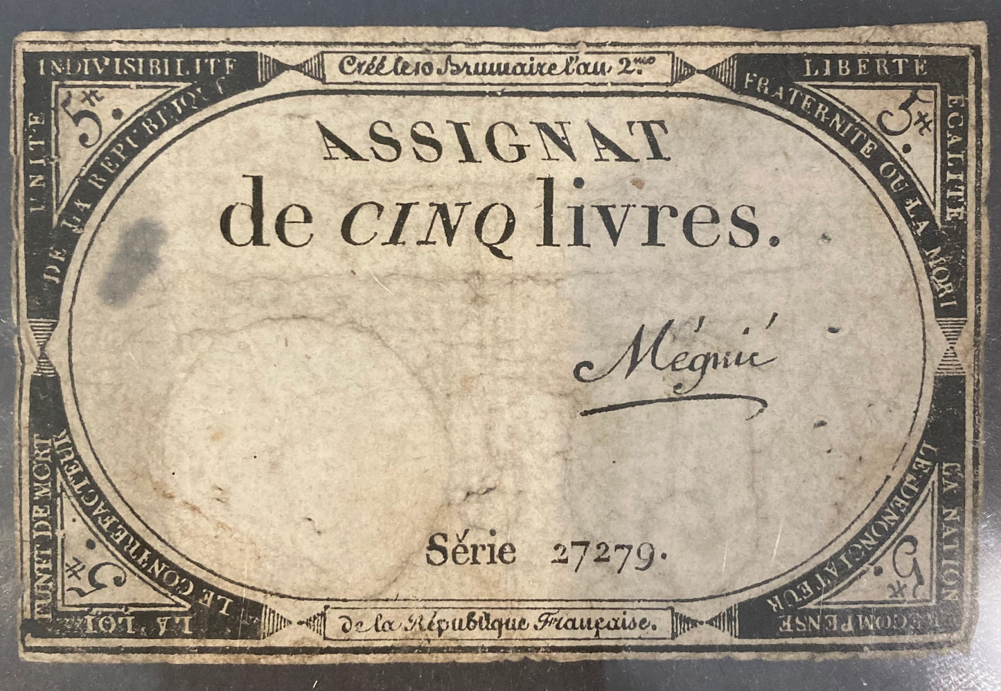 18th/19th Century French Assignat - 10 livres