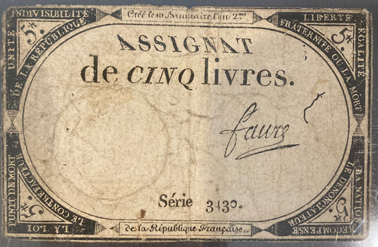 18th/19th Century French Assignat - 5 livres