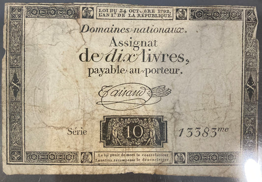 18th/19th Century French Assignat - 10 livres