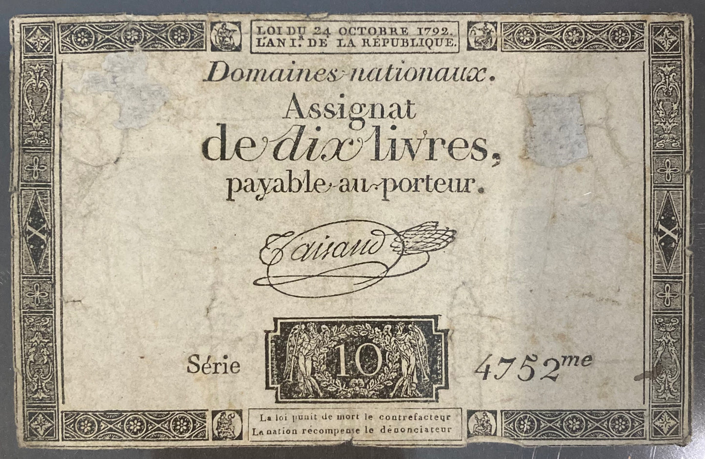 18th/19th Century French Assignat - 10 livres