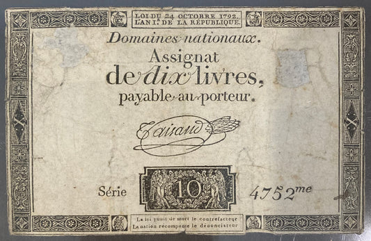 18th/19th Century French Assignat - 10 livres