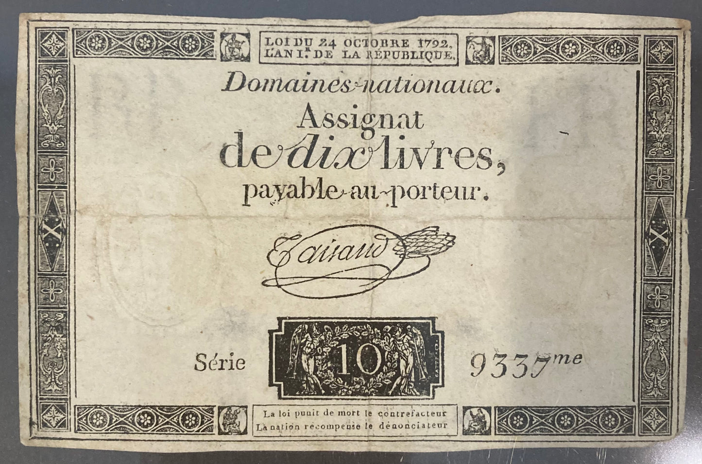 18th/19th Century French Assignat - 10 livres