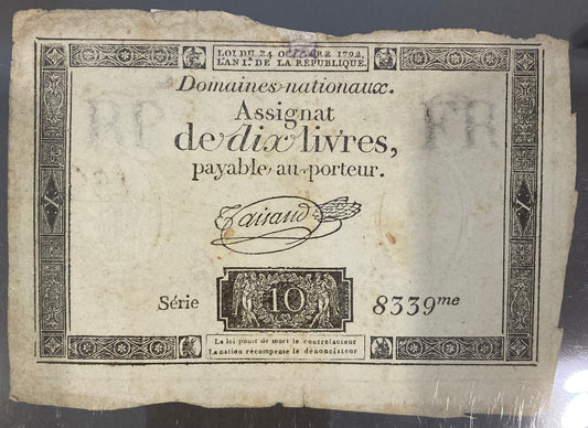 18th/19th Century French Assignat - 10 livres