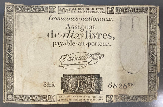 18th/19th Century French Assignat - 10 livres