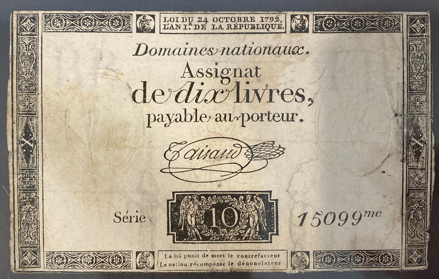 18th/19th Century French Assignat - 10 livres