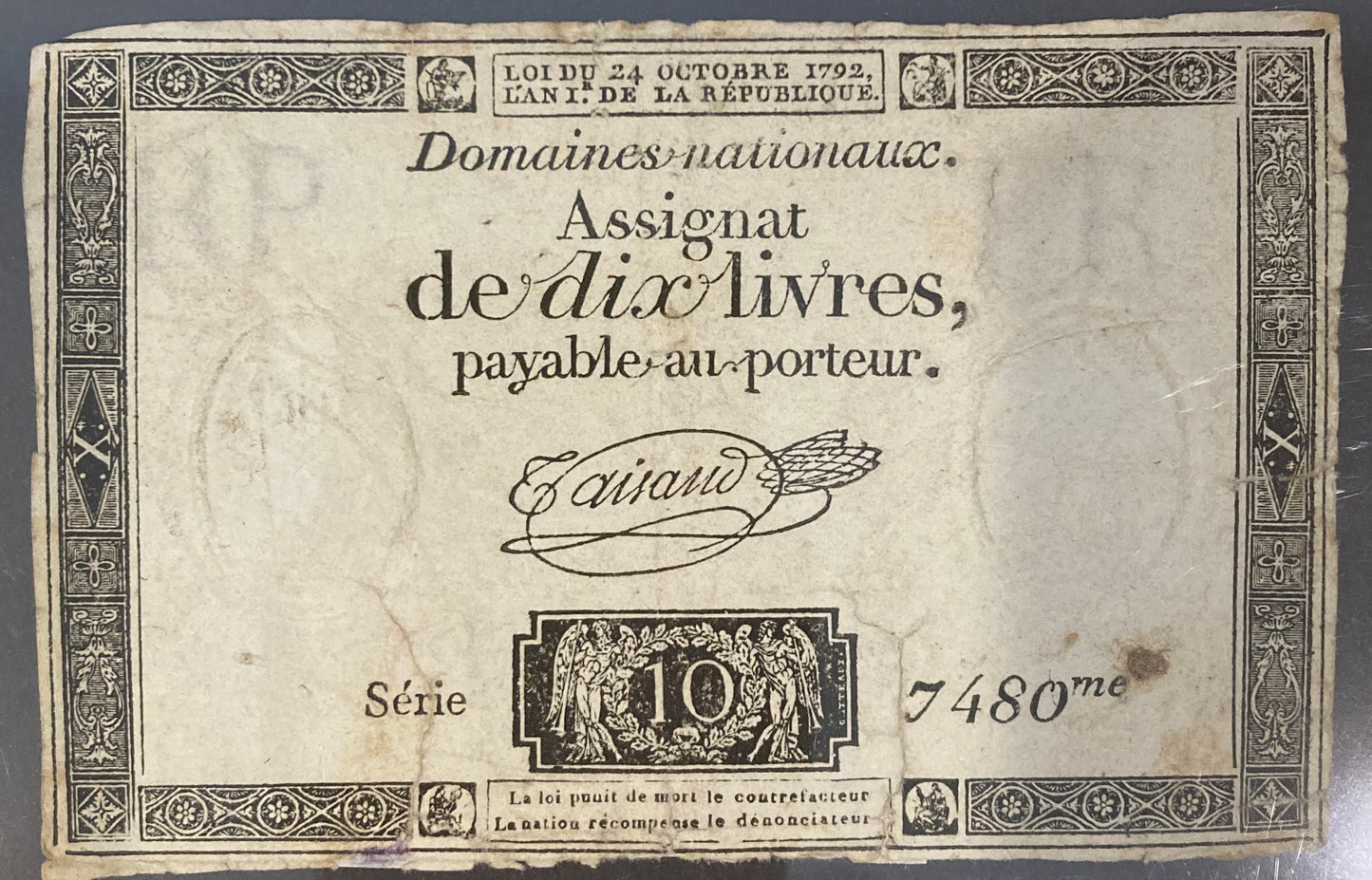 18th/19th Century French Assignat - 10 livres