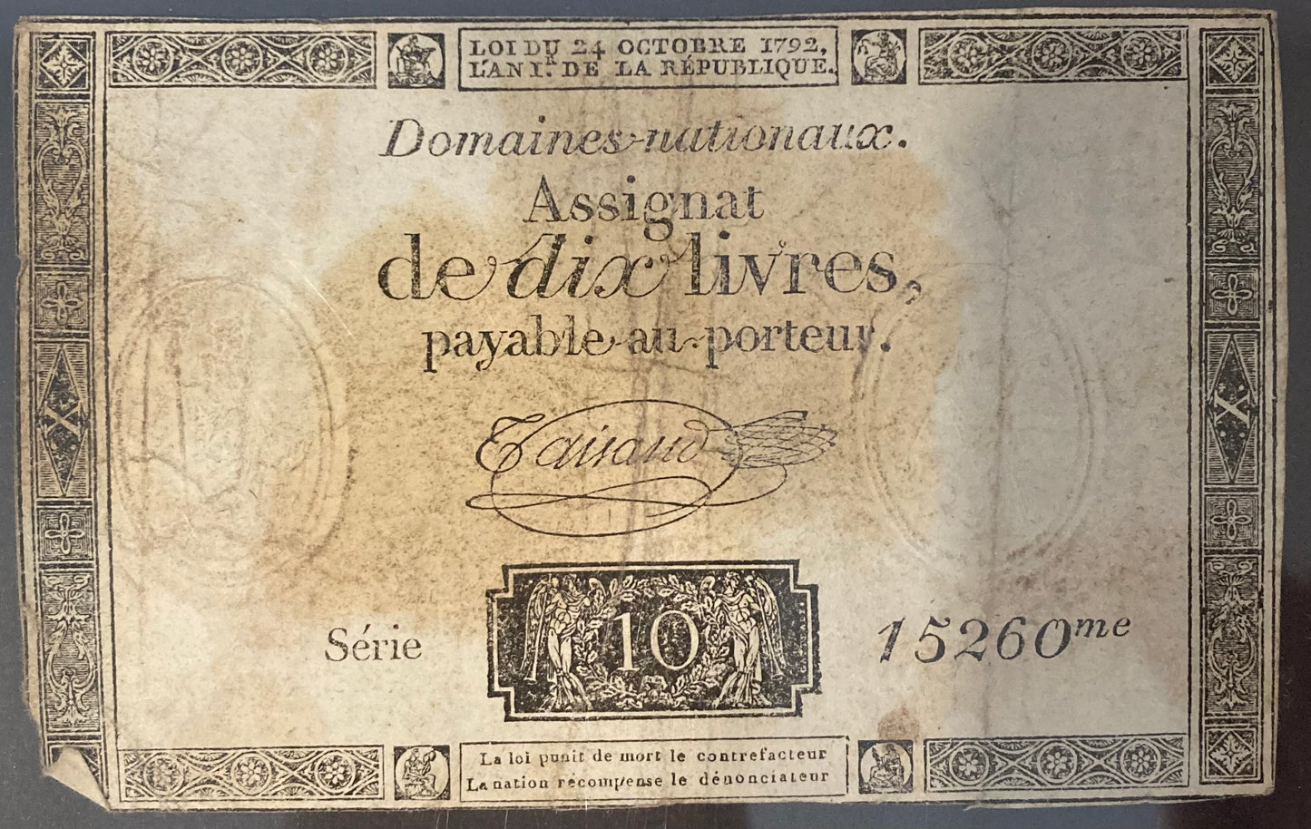 18th/19th Century French Assignat - 10 livres