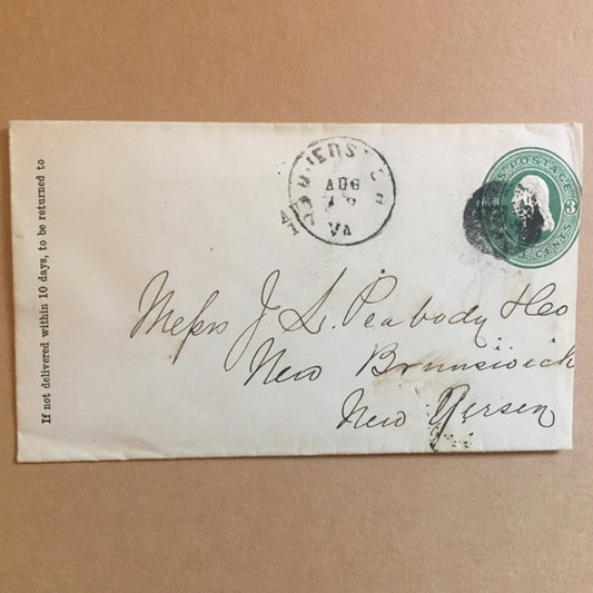 19th Century US American Cover to New Jersey with 3 Cents Green Washington